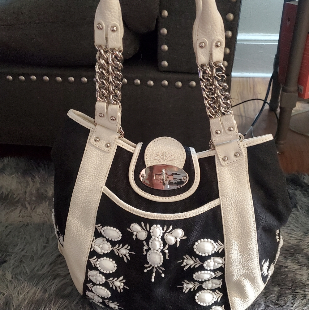 Black and White Lockheart Handbag Canvas leather beads